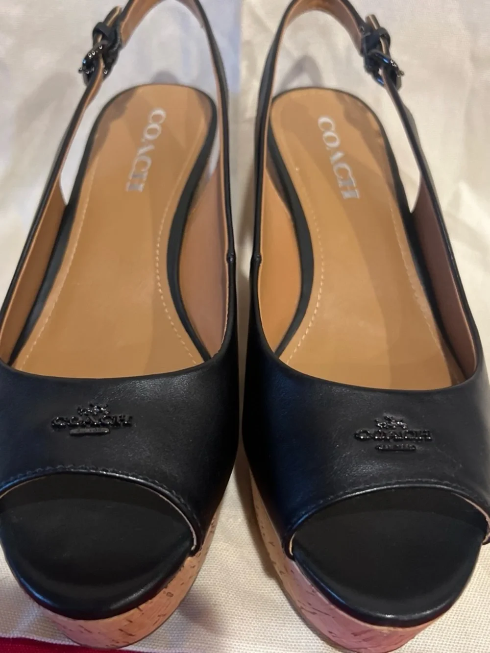 COACH Black Leather Peep-Toe Cork Wedge Slingbacks